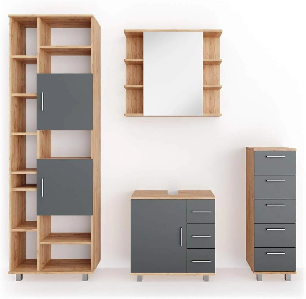Set mobili bagno Ilias, Rovere, 60 cm, composto da mobile lavabo, pensile a specchio, colonna e base media