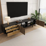 OKWISH Mobile TV con 2 Ante e 3 Cassetti, Frontali Ondulati, Gambe in Legno, per Soggiorno, Nero e Naturale, 180×38×50 cm