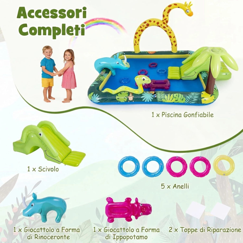 Piscina Gonfiabile Bambini, Parco Giochi Acquatico a Tema Giungla con Scivolo, Irrigatore a Arco, Gioco degli Anelli e 2 Toppe di Riparazione per Bambini 2-6 Anni, 208 x 178 x 138 cm