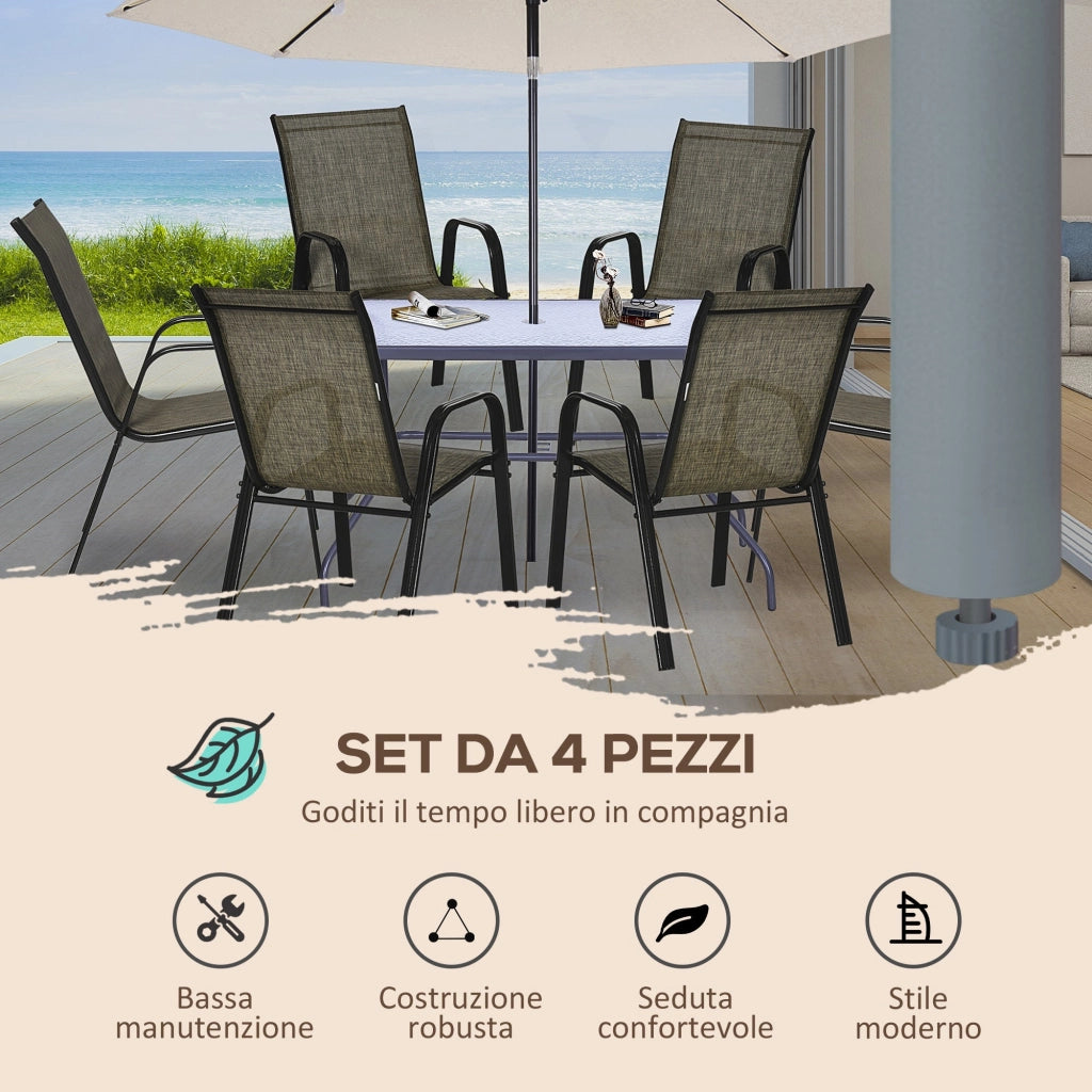 Set 6 Sedie da Giardino in Metallo e Tessuto Marrone