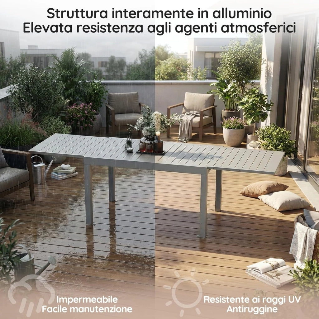 Tavolo da giardino, estensibile, 80/160 x 80 x 75 cm, tavolino allungabile in alluminio, per balcone, resistente alle intemperie, estensibile, tavolo da pranzo all'aperto, grigio Chiaro