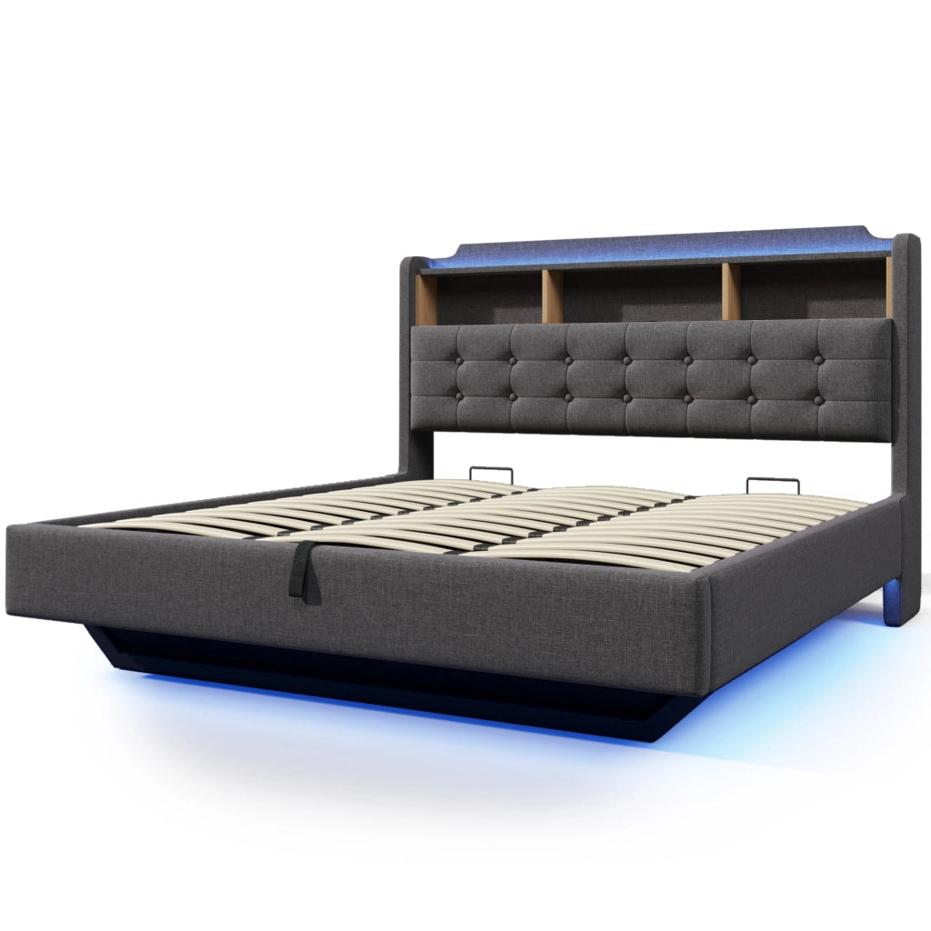 Letto matrimoniale imbottito 180x200 cm in lino grigio con LED; contenitore idraulico e USB