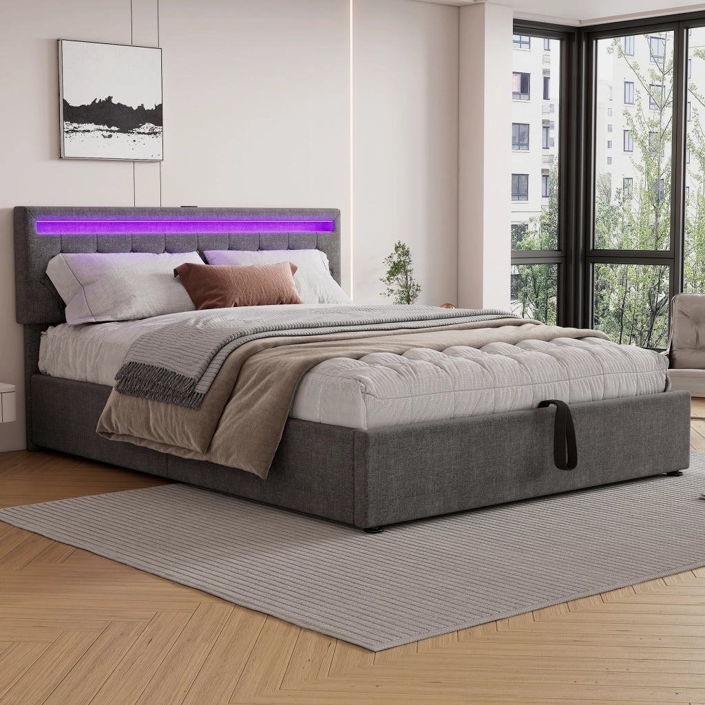 Letto imbottito matrimoniale 160 × 200 cm con contenitore sollevabile, led regolabile, usb e tipo-c, senza materasso, grigio