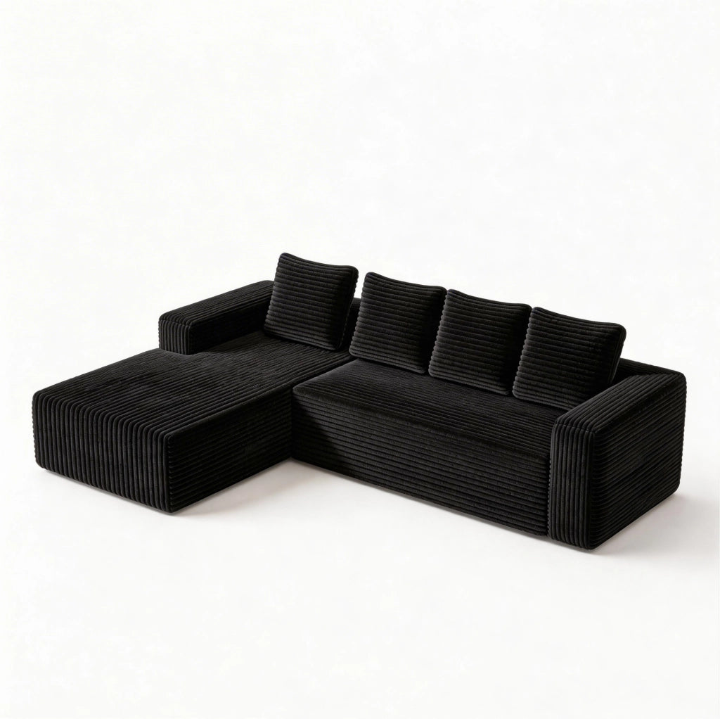 Divano modulare componibile a L con chaise longue reversibile; in velluto a coste nero