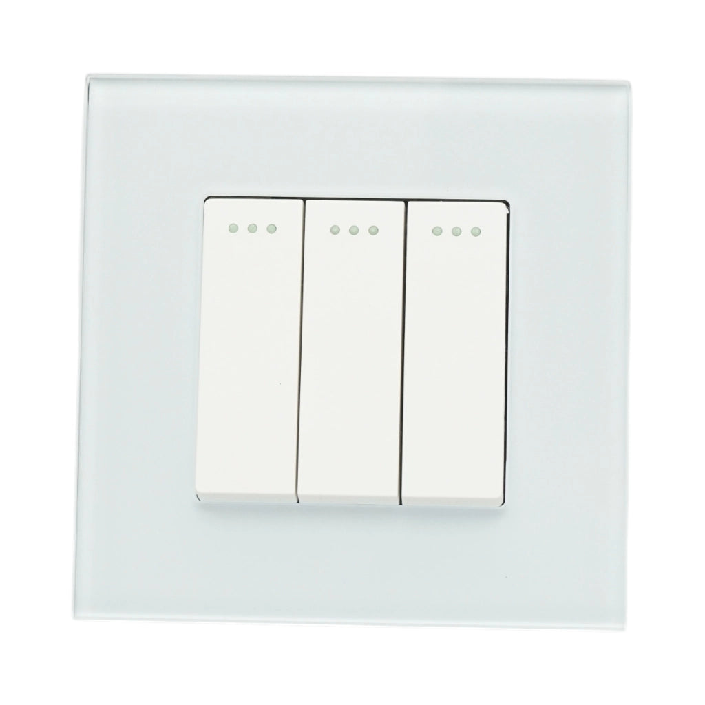 Interruttore triplo, bianco, da incasso, 220V, 16AX, spia luminosa, cornice in vetro 86x86x34mm