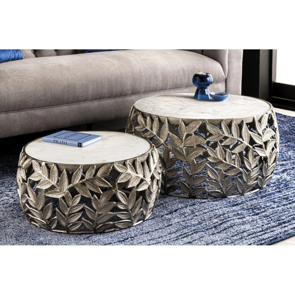 Set di 2 tavolini METRIX argentati con piano in marmo - Tavolini con design a motivo fogliame