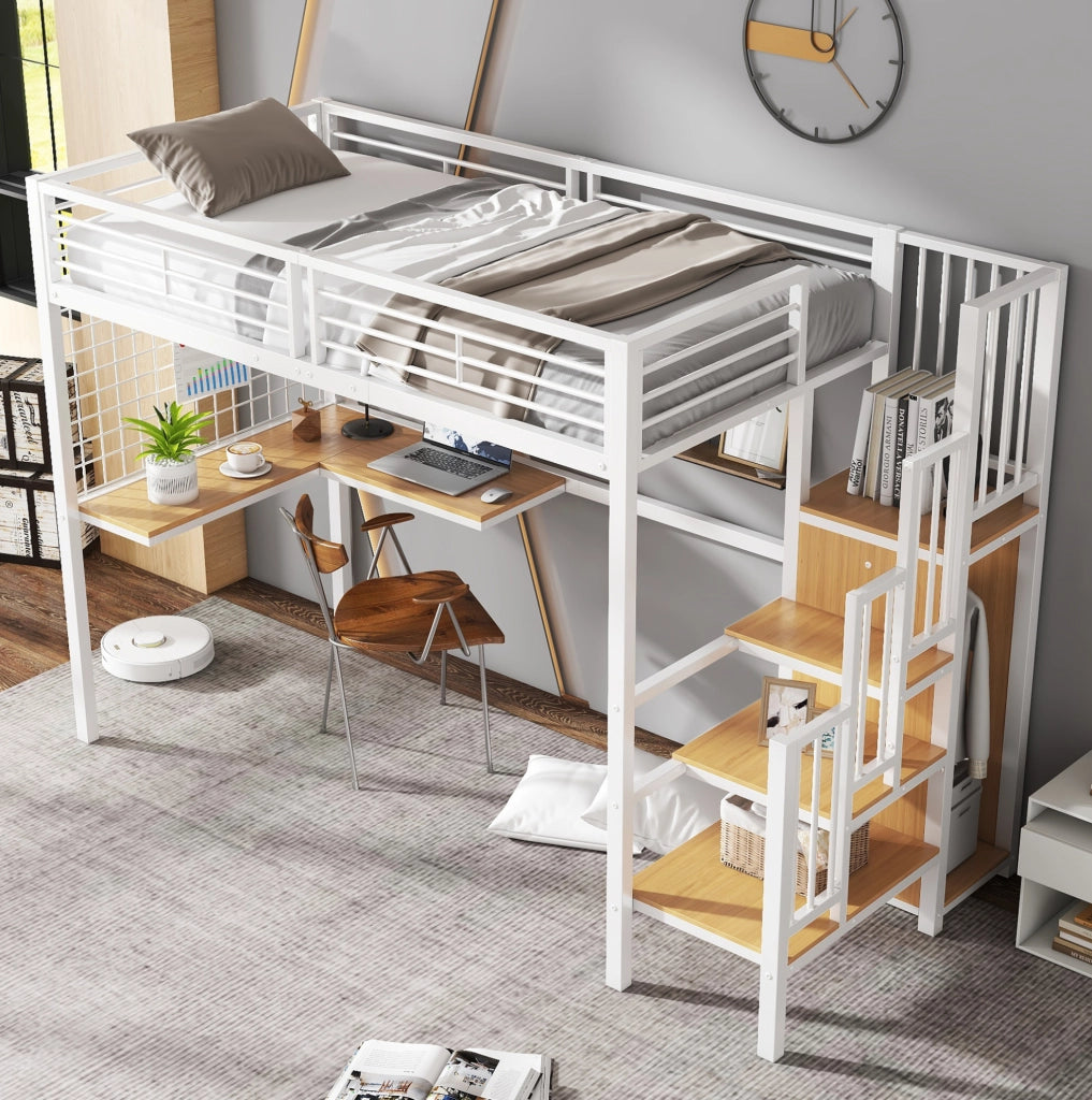 Letto a soppalco 90x200 cm con armadio; scala laterale; MDF e metallo bianco naturale