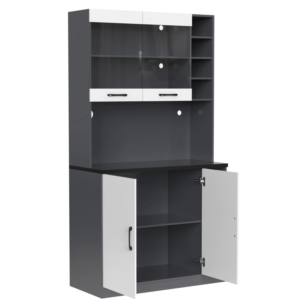 Credenza da cucina 100x47x187 cm grigia e bianca, LED, passacavi, per microonde