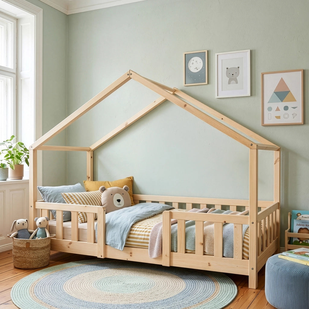 Letto per Cameretta Treviolo a Forma di Casetta in Stile Montessori con Materasso 80x160 cm - Color Naturale [en.casa]