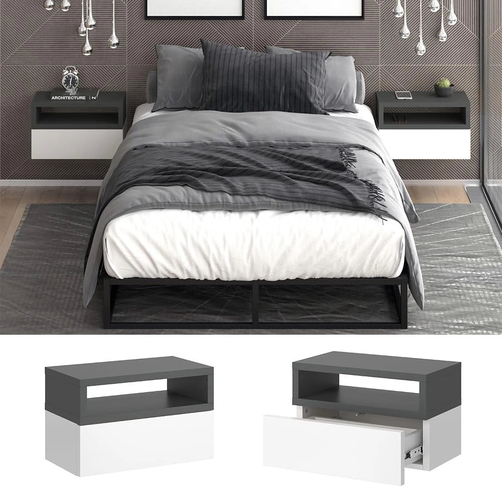 Comodino camera da letto Urbano, Antracite, Set di 2, montabile a parete per un utilizzo salvaspazio in camera da letto