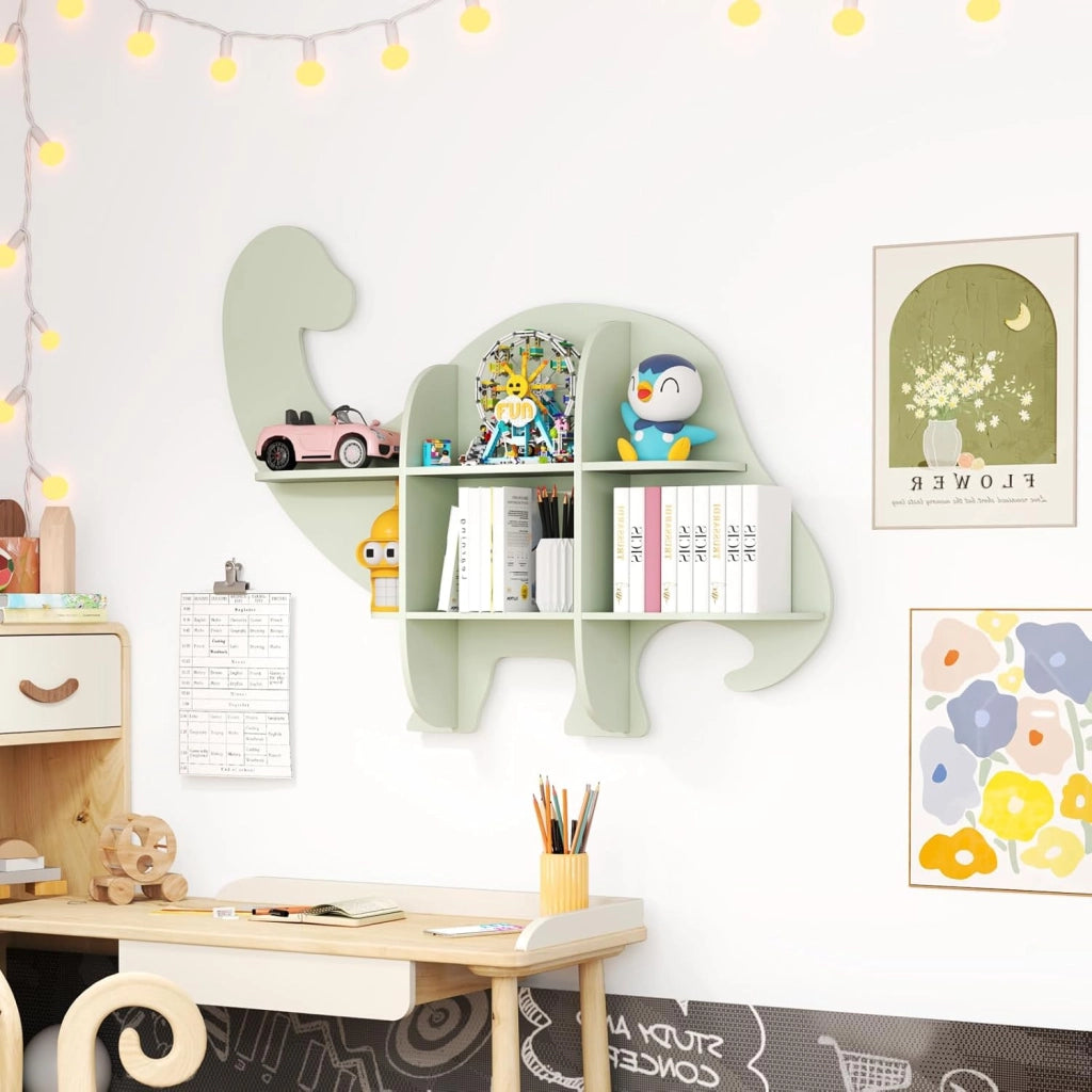 Libreria da Parete per Bambini a Forma di Dinosauro, Mensola a 2 Ripiani in Legno da Appendere, Scaffale da Parete per Camera dei Bambini Camera da Gioco Asilo, 105,5x16x78,5 cm