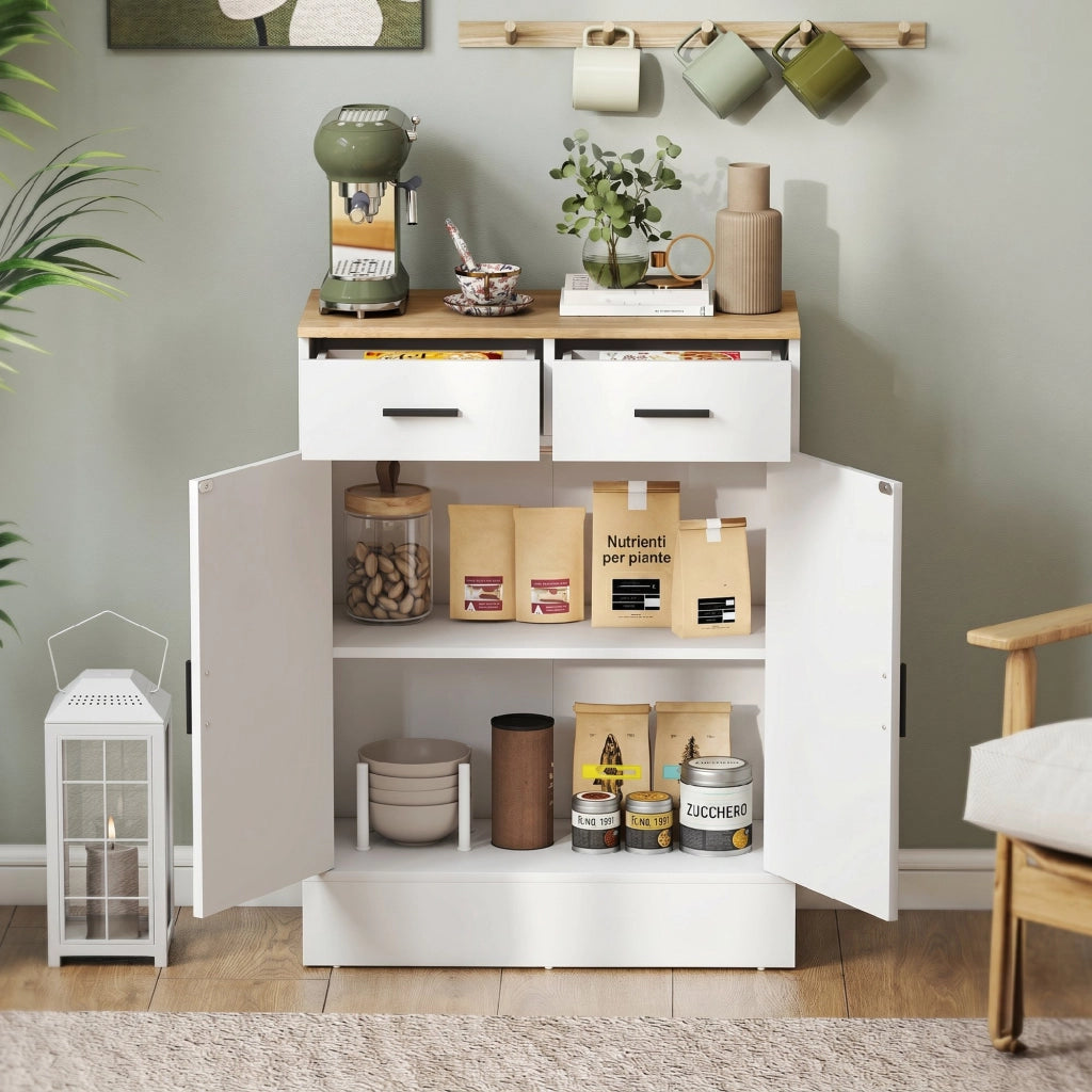Credenza Moderna 68,6x35x90,3A cm 2 Cassetti e Armadietto 2 Ante Ripiano Interno Regolabile Bianco e Legno