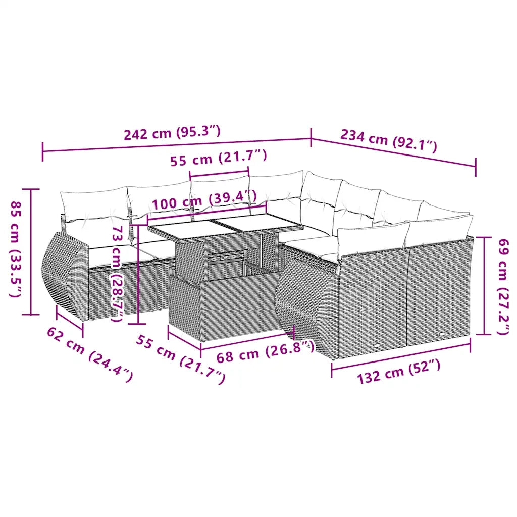 Set Divano da Giardino 9 pz con Cuscini Beige in Polyrattan