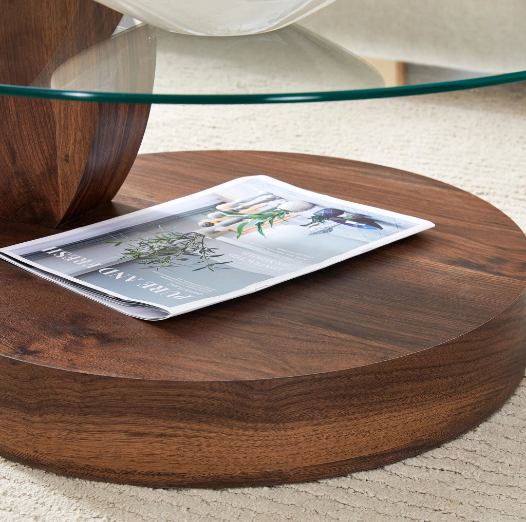 Tavolino da caffè moderno a due ripiani in vetro temperato e MDF; 78;5x78;5x24;5 cm; noce e trasparente
