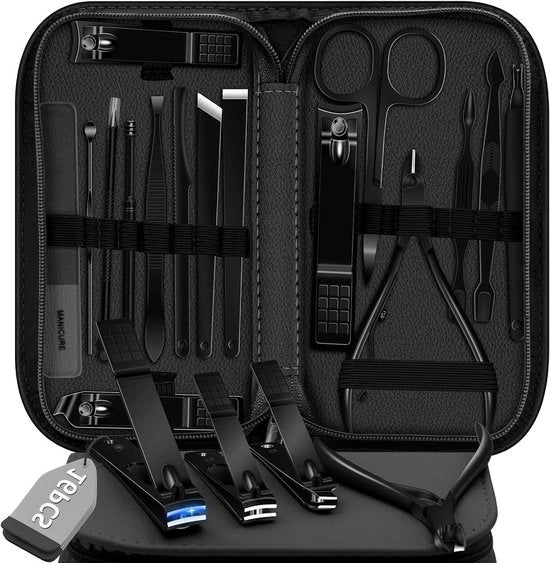Kit di Manicure e Pedicure 16 Pezzi Taglieri unghie in Acciaio Inossidabile - Kit di Cura unghie Professionale con Casella da Viaggio Portatile per Uomini Donne (Nero)