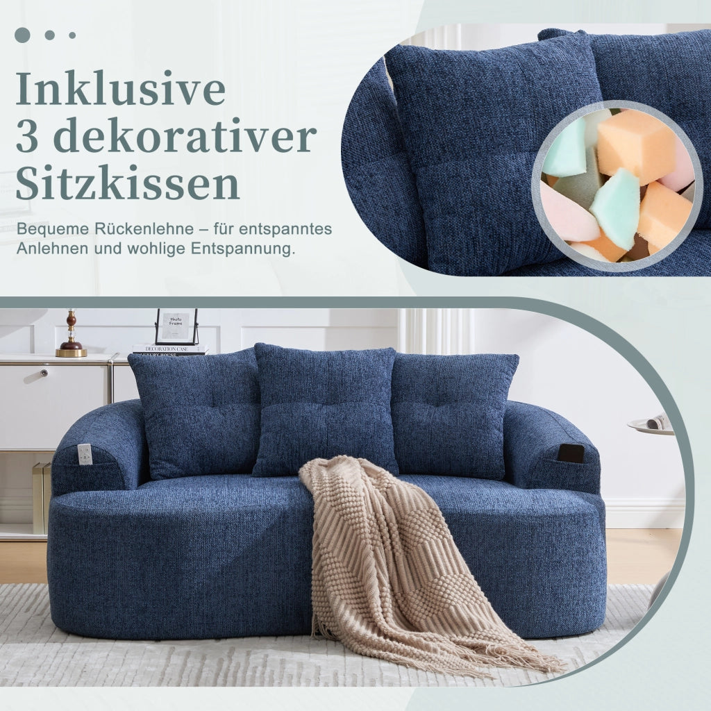 Divano lineare 2 posti - con cuscini spessi e seduta profonda - in chenille blu