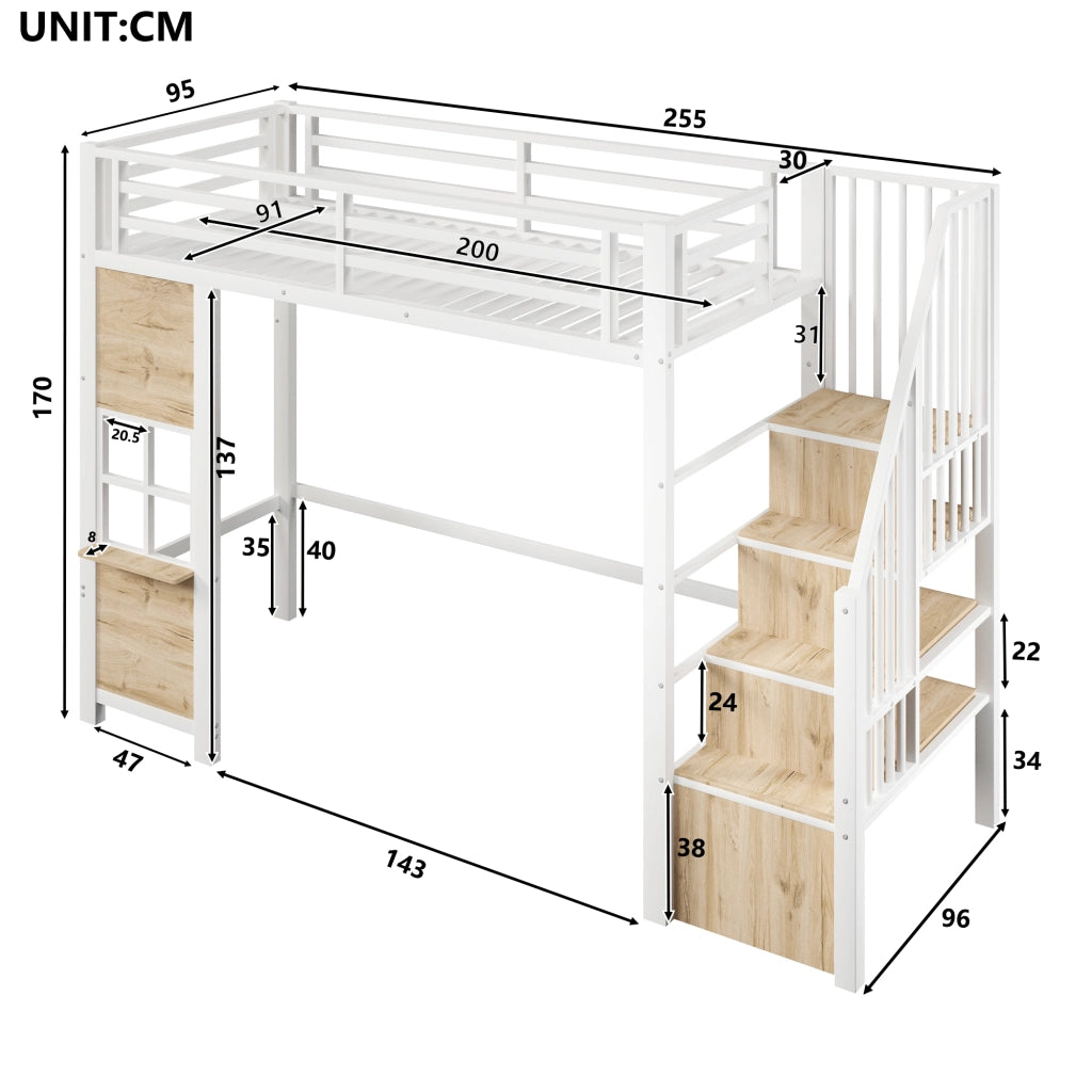 Letto a soppalco 90x200 cm con scala contenitore; finestra; spazio libero sottostante e parapetto; metallo bianco