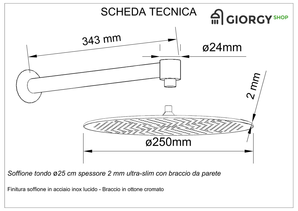 Kit Doccia 2 Vie Soffione Acciaio Inox  Slim 2 mm + Braccio Doccia + Presa Acqua + Flessibile + Doccino Soffione diam.25 cm con Braccio da Parete