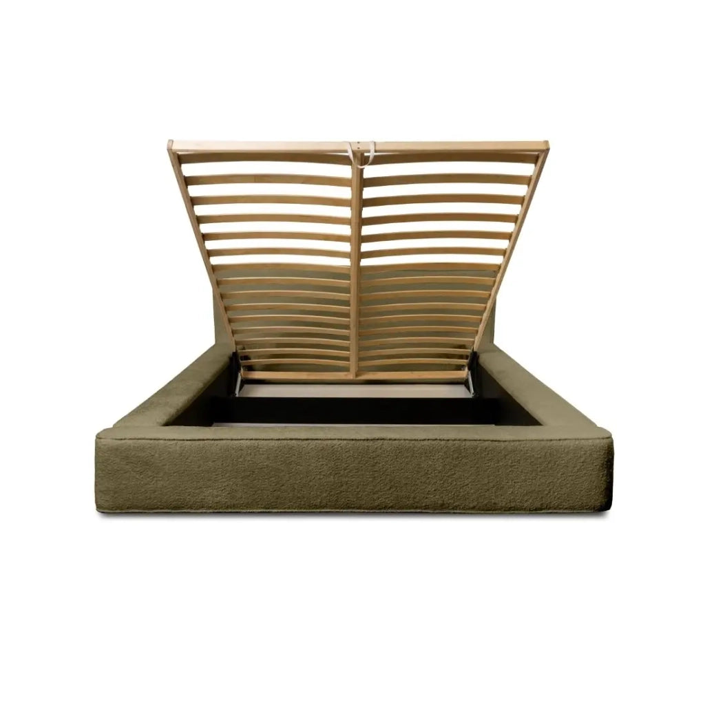 Letto contenitore VELORA – Olive bouclé – 180x200 cm – Tessuto velluto morbido – Rete sollevabile – Contenitore integrato
