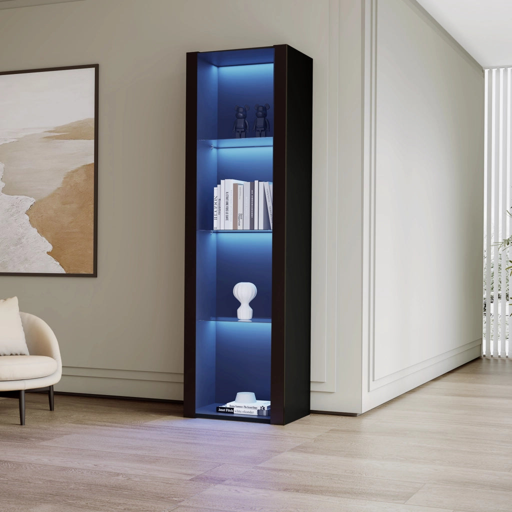 Vetrina con LED e 3 ripiani in vetro, pannelli frontali lucidi, per soggiorno, in truciolato, nero, 55 × 38 × 166 cm
