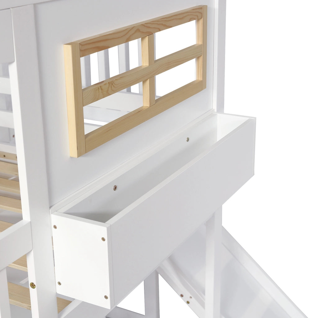 Letto a castello per bambini 90x200 cm con scivolo, armadio e ripiani