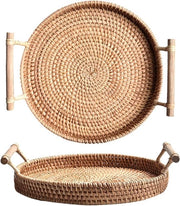 Tavolo da pranzo in rame, piatto da tavola intrecciato con maniglie in legno (32 cm)