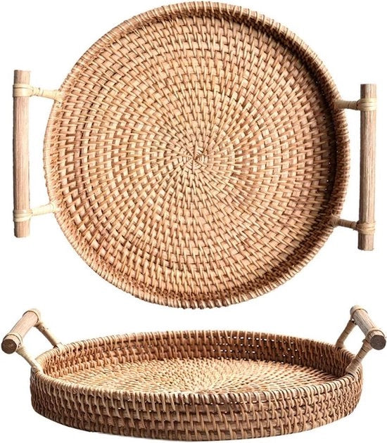 Tavolo da pranzo in rame, piatto da tavola intrecciato con maniglie in legno (32 cm)