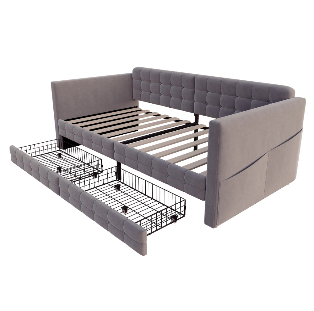 Letto imbottito 90x190 cm con testiera trapuntata, tasche laterali e 2 cassetti