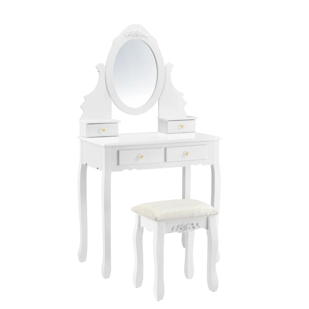 Toletta con specchio 4 cassetti sgabello MDF e legno 141 cm bianco 03_0001499