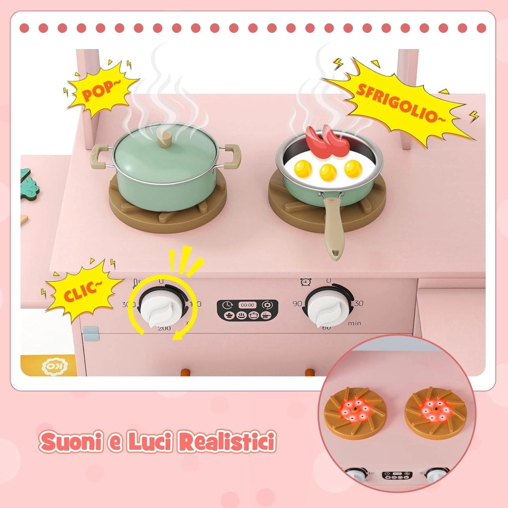 Cucina Giocattolo Angolare in Legno, Set di Cucina Giocattolo per Bambini con Lavabo, Fornelli, Forno, Frigorifero, Macchina del Ghiaccio e Accessori, per Bambini 3 Anni+ (Rosa)
