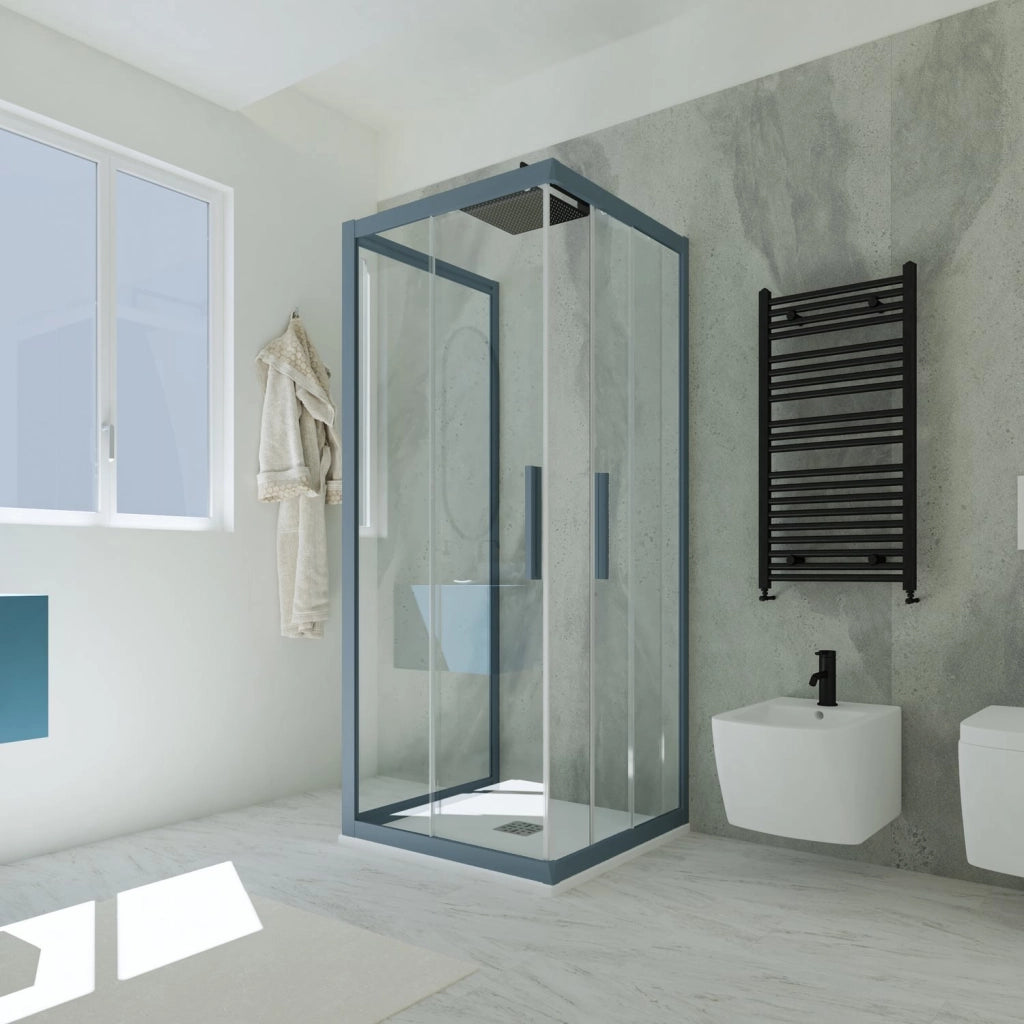 Box doccia 3 lati scorrevole 80x90x80 CM H 200 Vetro Trasparente Profilo Blu Navy mod. Kolors Trio