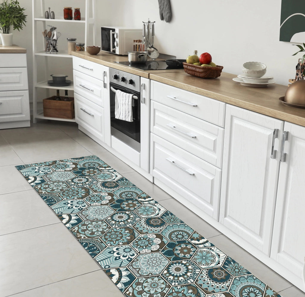 Tappeto Cucina Antiscivolo Made in Italy Passatoia Antimacchia Multiuso Corridoio Soggiorno Lavabile in Lavatrice - 50x350 - Esagoni ottanio