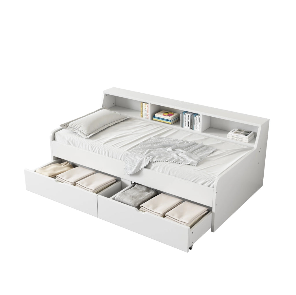 Letto daybed 90x200 cm con 2 cassetti e vani contenitore, bianco