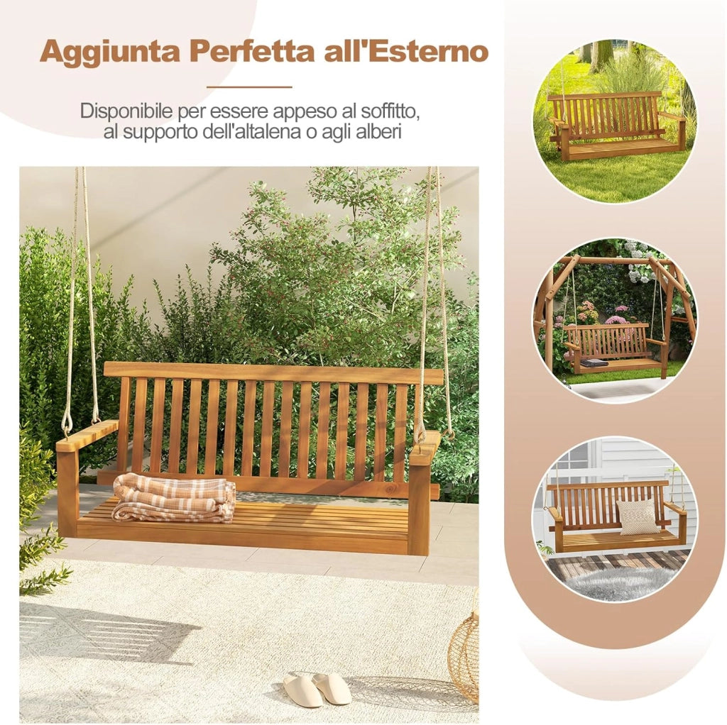 Altalena da Giardino in Legno di Acacia, Panchina Sospesa con 2 Posti, Sedia a Dondolo per Giardino, Sedia Sospesa con Schienale, Portata 360 kg, per Giardino Balcone Cortile