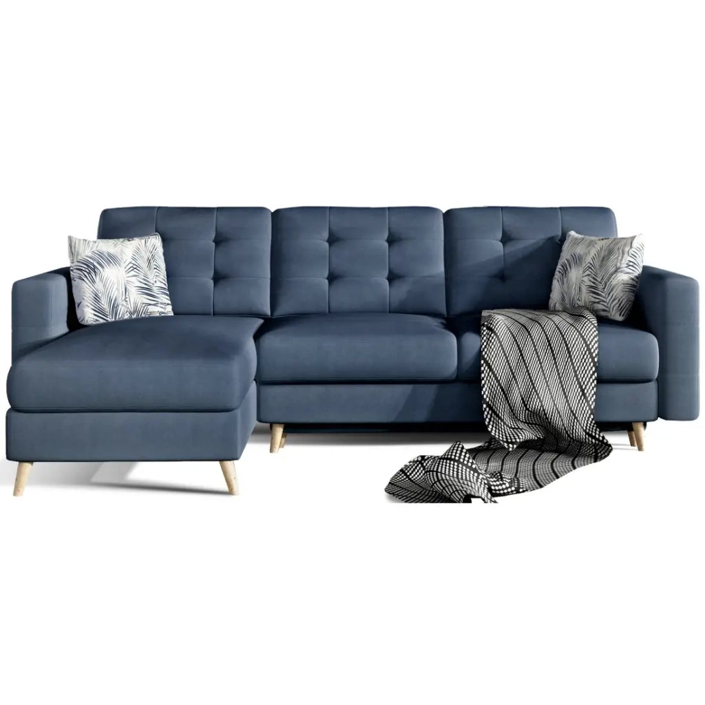 Divano ad angolo convertibile HASGARD 3 posti blu scuro 248x162 cm – con contenitore e piedi in legno