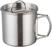 Tazza da Campeggio in Acciaio Inox 500ml - Manico Ripiegabile - Coperchio/Piatto - Per Esterno/Campeggio - Escursioni/Backpacking - Spazievitore - Moka da Campeggio