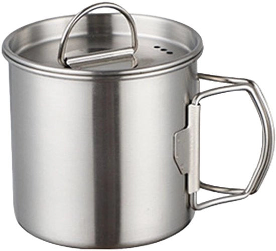 Tazza da Campeggio in Acciaio Inox 500ml - Manico Ripiegabile - Coperchio/Piatto - Per Esterno/Campeggio - Escursioni/Backpacking - Spazievitore - Moka da Campeggio