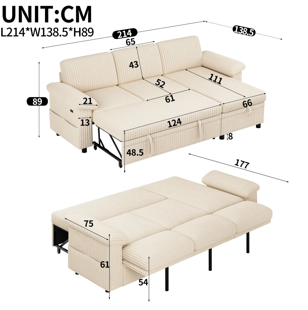 Divano angolare modulare 3 posti con letto estraibile; beige; USB e Type-C