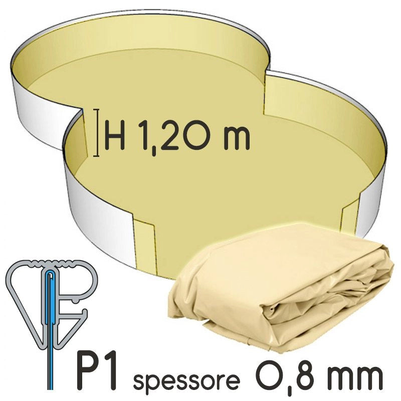 Liner Per Piscina A Forma Di Otto 5,25 X 3,20 H.1,50 M Azzurro - Attacco P1 - Spessore 0,80 Mm Colore: Sabbia, Altezza: 1.20 m, Tipo attacco: P1