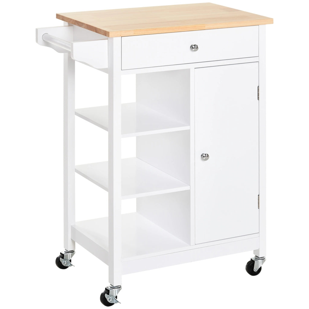 EasyComfort Carrello da Cucina Salvaspazio in MDF con Piano di Lavoro in Legno di Gomma, Cassetto, Armadietto, 3 Mensole, Ripiani Regolabili, Porta Strofinacci e Ruote Girevole, 66x39.5x86.5cm, Bianco