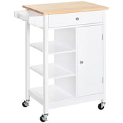 EasyComfort Carrello da Cucina Salvaspazio in MDF con Piano di Lavoro in Legno di Gomma, Cassetto, Armadietto, 3 Mensole, Ripiani Regolabili, Porta Strofinacci e Ruote Girevole, 66x39.5x86.5cm, Bianco