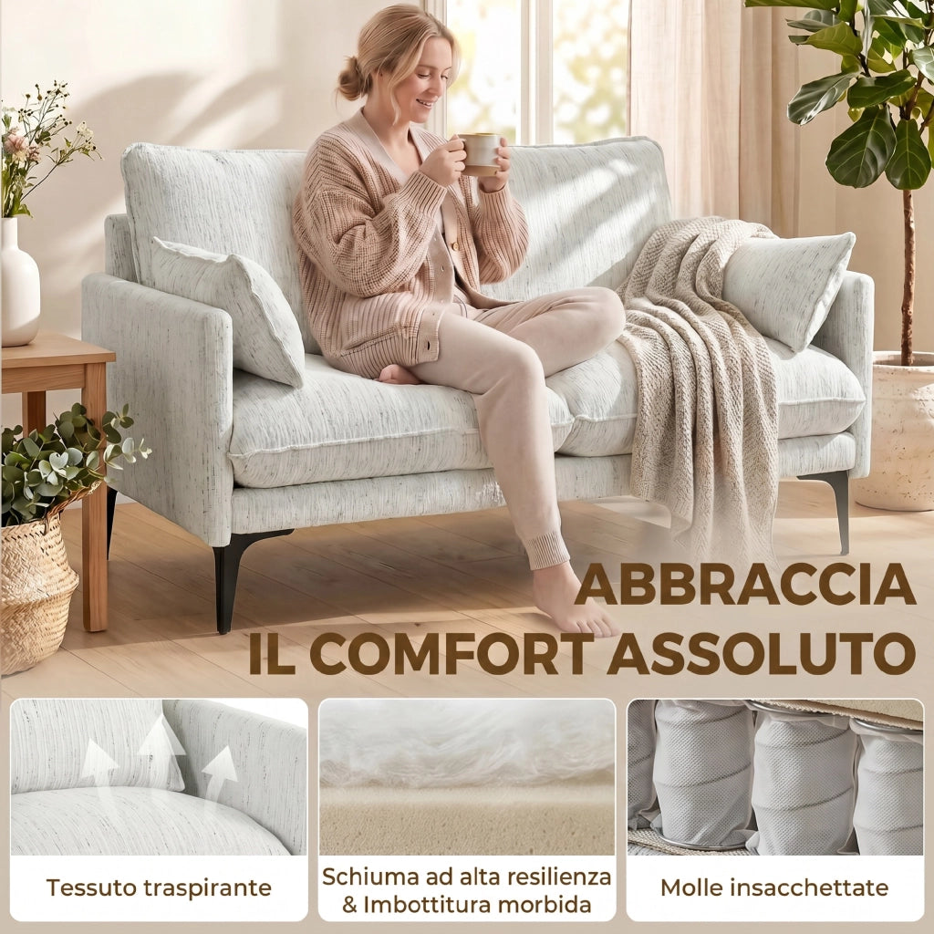 Divano 2 Posti 131x78x83 cm con Braccioli Imbottitura Spessa e 2 Cuscini in Tessuto Bianco