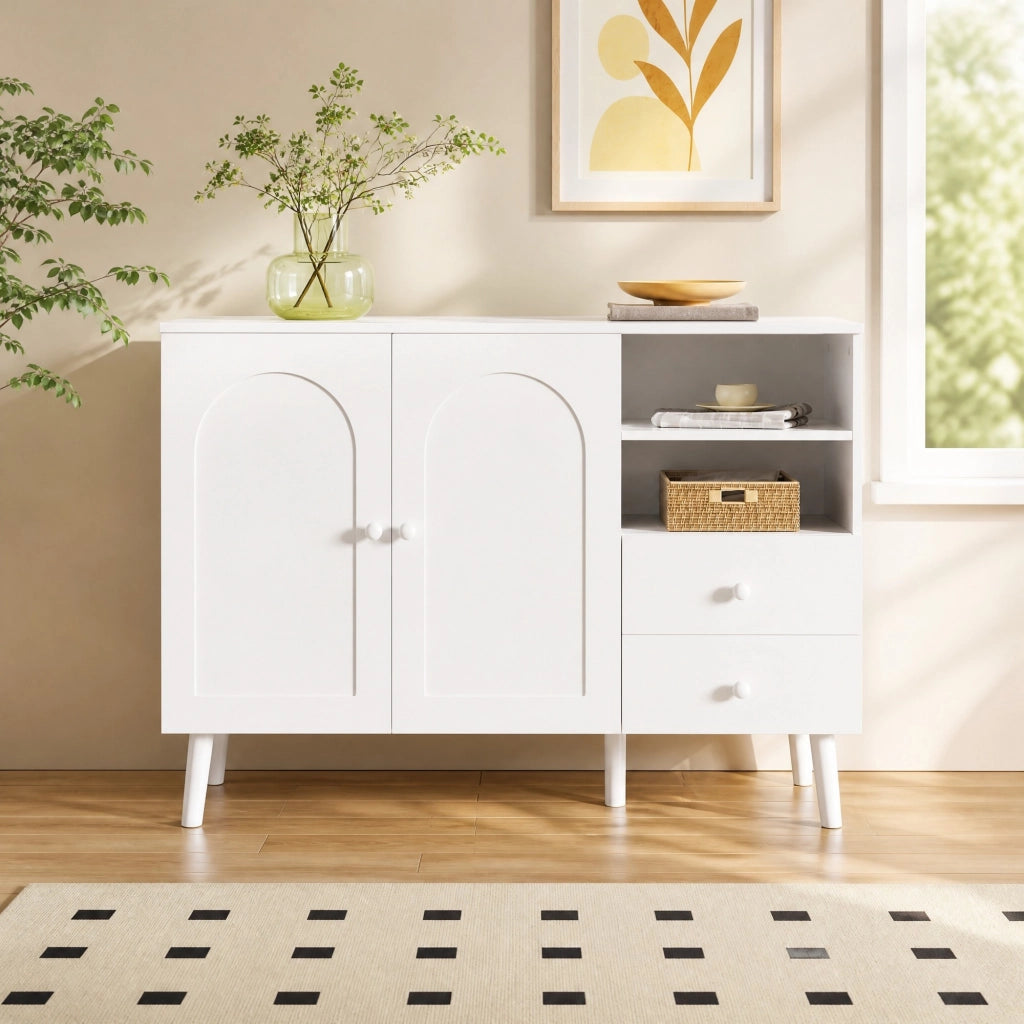 Credenza con 2 ante, 2 cassetti e 2 vani aperti, per soggiorno sala da pranzo e ingresso, bianco, 118 × 35 × 82 cm