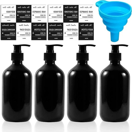 Set di Dispensatori di Sapone di 4 Pezzi 500 ml - Dispense Shampoo con Apertura - Dispensatore di Shampoo Nero - Ciotola e Etichette - Sapone Liquido, Shampoo, Condizionatore, Gel Doccia