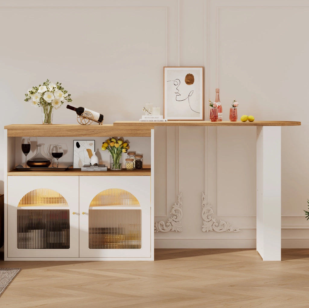 Tavolo bar 138-193x39x105 cm girevole e allungabile con contenitore e luce LED bianco
