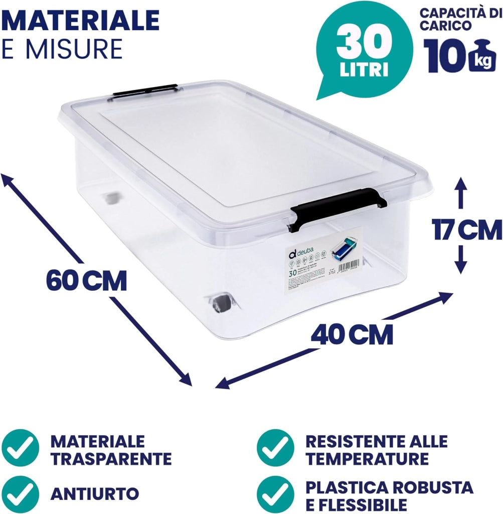 4X 30L Scatole in Plastica Trasparente Senza BPA Contenitori con Coperchio Impilabili Ruote Cassette Salvaspazio