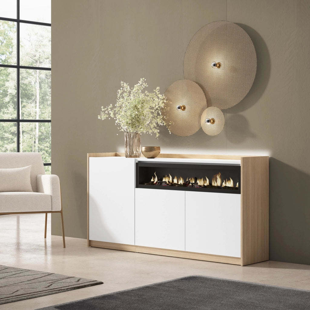Credenza, Mobile, Cucina, 156x80x37 cm, 3 Porte, Camino elettrico, LED, Bianco e Rovere soft
