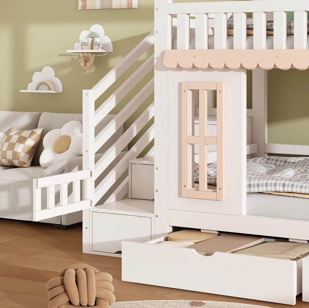 Letto a castello a casetta con scala contenitiva e 2 cassetti 90x200 cm