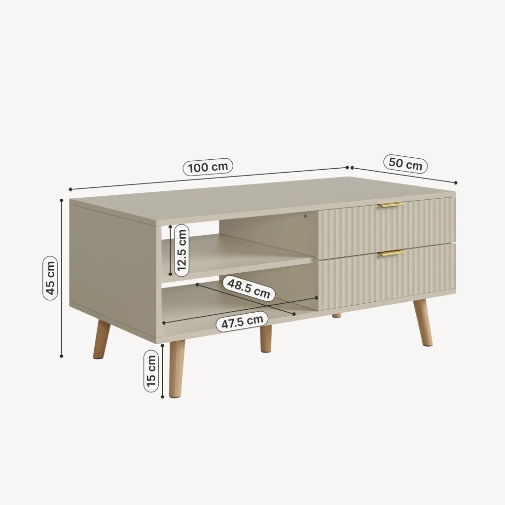 Tavolino da Salotto Nand con 2 Cassetti e 3 Scomparti Aperti 100 x 50 x 45 cm - Color Avena [en.casa]