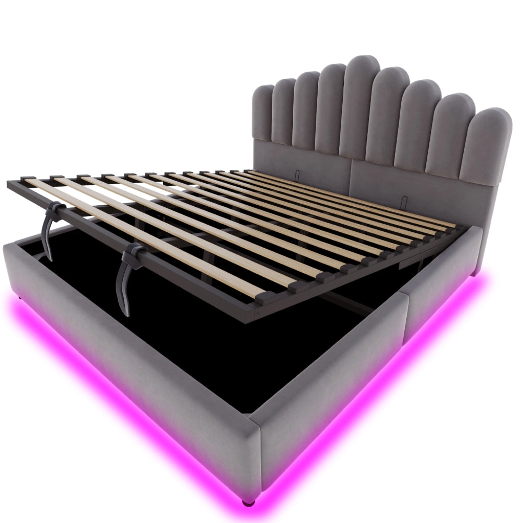 Letto imbottito 180x200 cm con contenitore idraulico e LED in velluto grigio